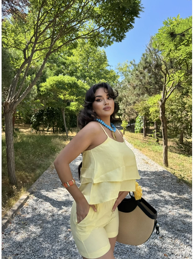 Sarı Askılı Bluz Şort Takım