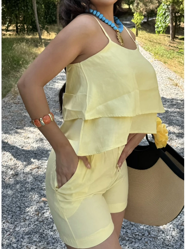 Sarı Askılı Bluz Şort Takım