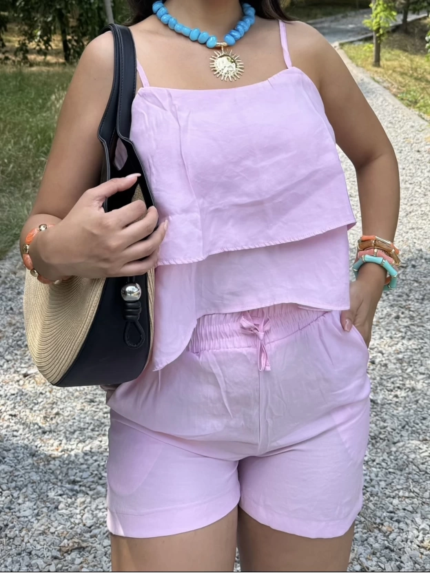 Pembe Askılı Bluz Şort Takım