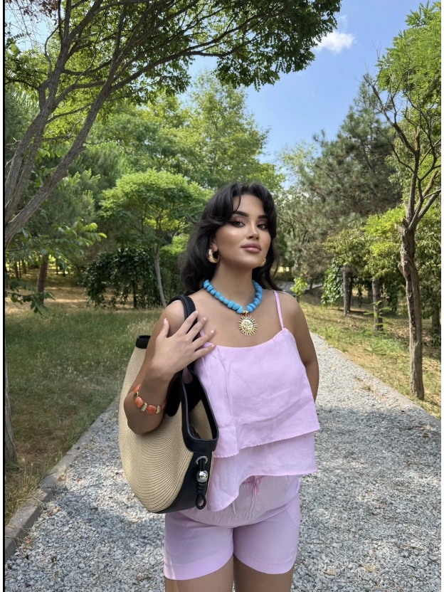 Pembe Askılı Bluz Şort Takım