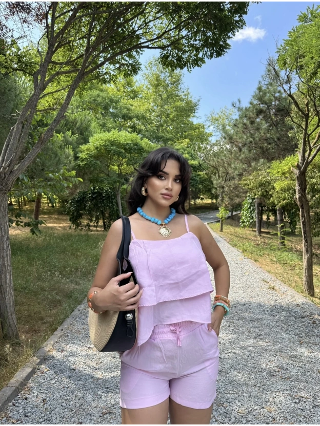 Pembe Askılı Bluz Şort Takım