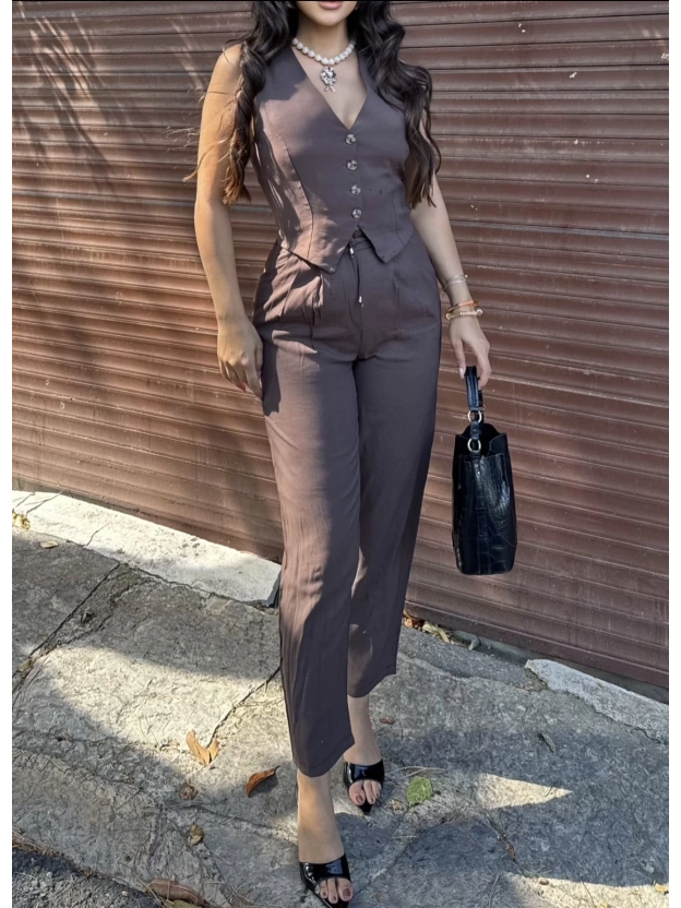 Kahverengi Yelek Pantolon Takım