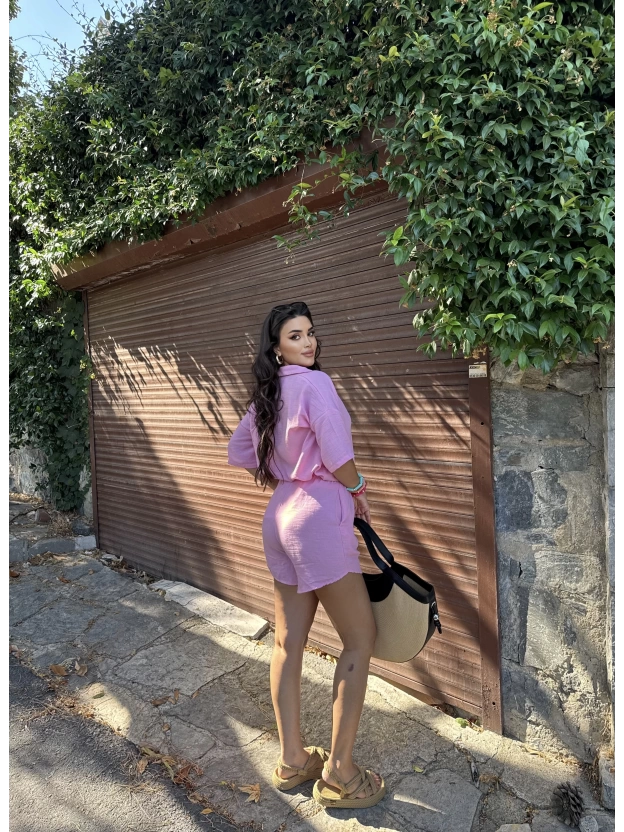 Pembe Keten Gömlek Takım