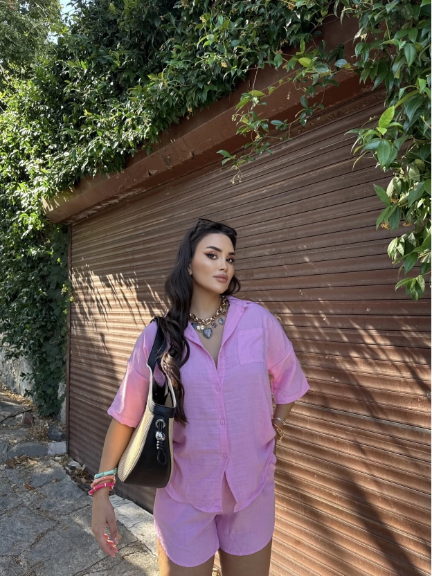 Pembe Keten Gömlek Takım