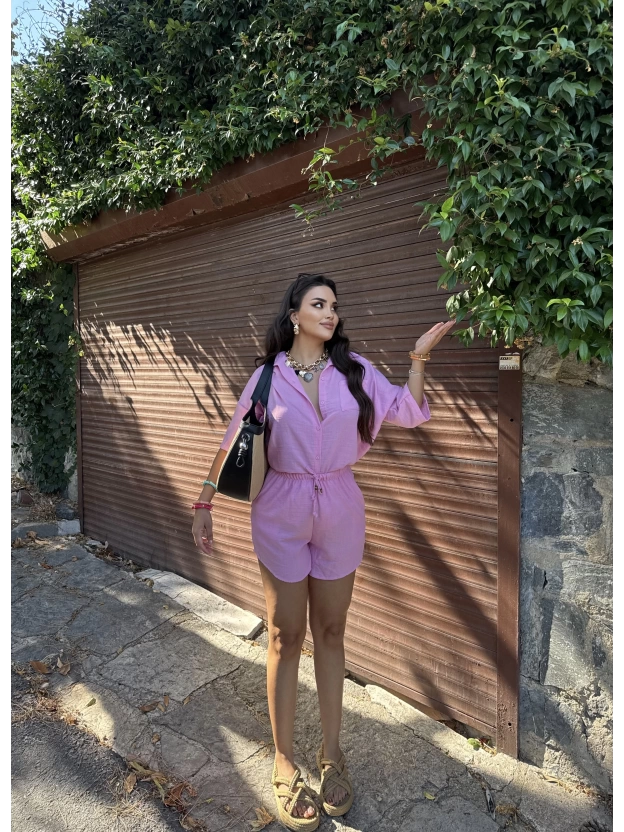 Pembe Keten Gömlek Takım