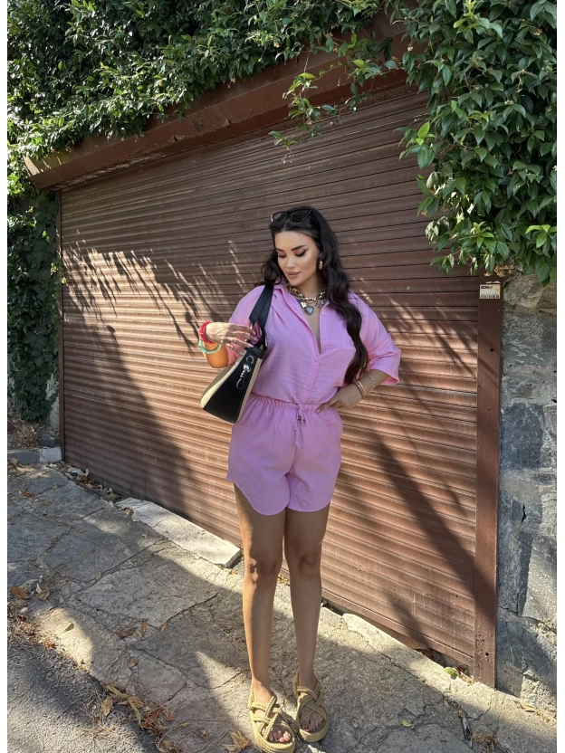 Pembe Keten Gömlek Takım