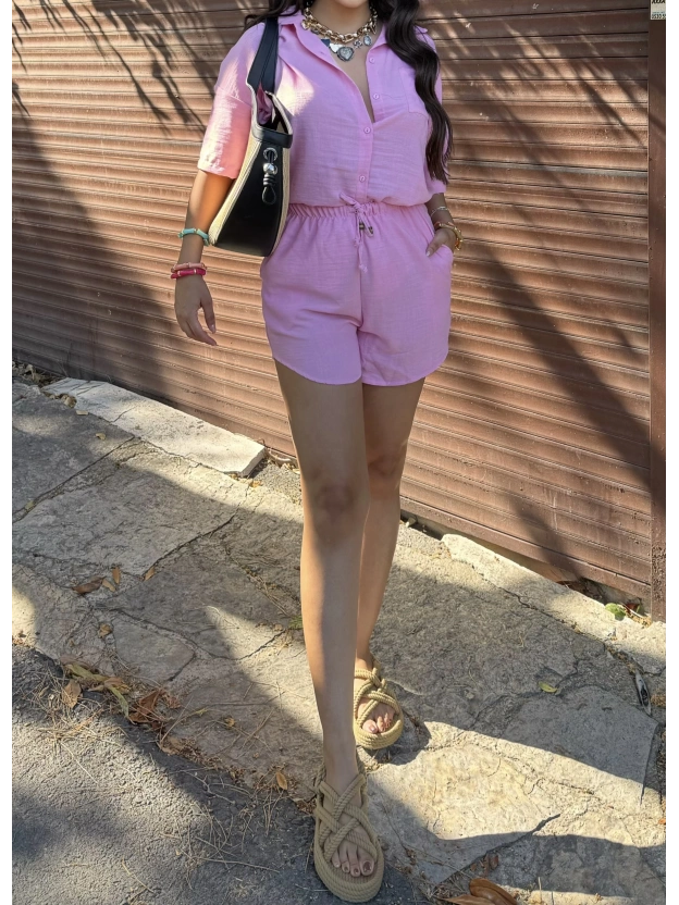 Pembe Keten Gömlek Takım
