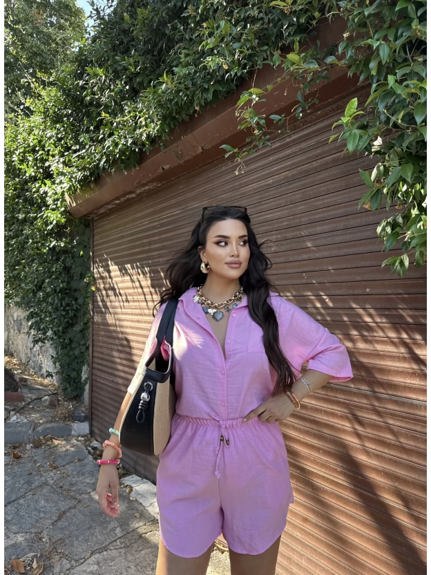Pembe Keten Gömlek Takım
