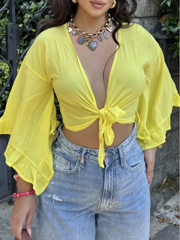 Sarı Bağlamalı Crop Bluz