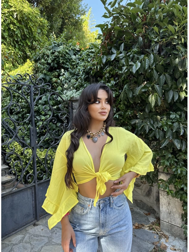 Sarı Bağlamalı Crop Bluz
