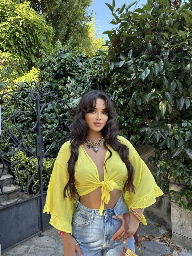 Sarı Bağlamalı Crop Bluz