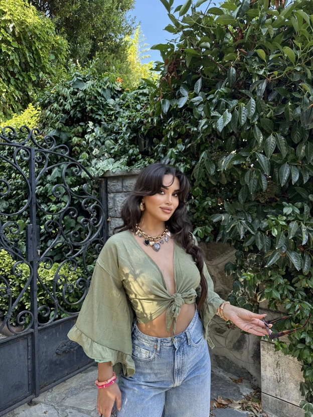 Haki Bağlamalı Crop Bluz