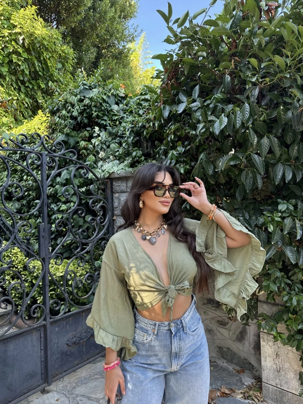 Haki Bağlamalı Crop Bluz
