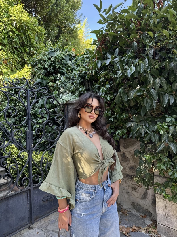 Haki Bağlamalı Crop Bluz