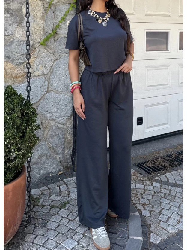 Antrasit Bisiklet Yaka Oversize Takım