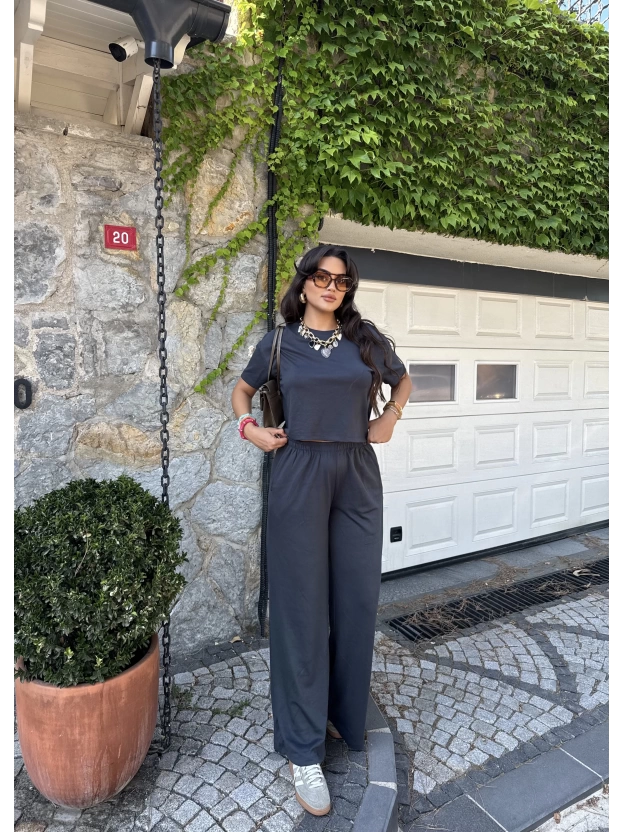 Antrasit Bisiklet Yaka Oversize Takım