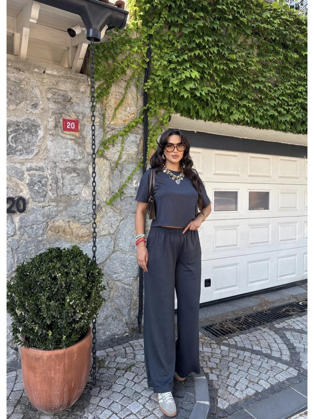 Antrasit Bisiklet Yaka Oversize Takım