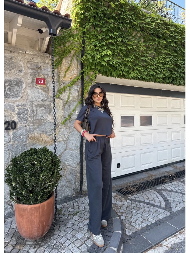 Antrasit Bisiklet Yaka Oversize Takım