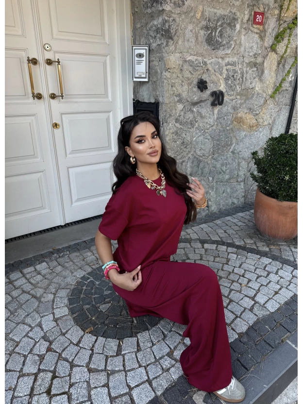 Bordo Bisiklet Yaka Oversize Takım