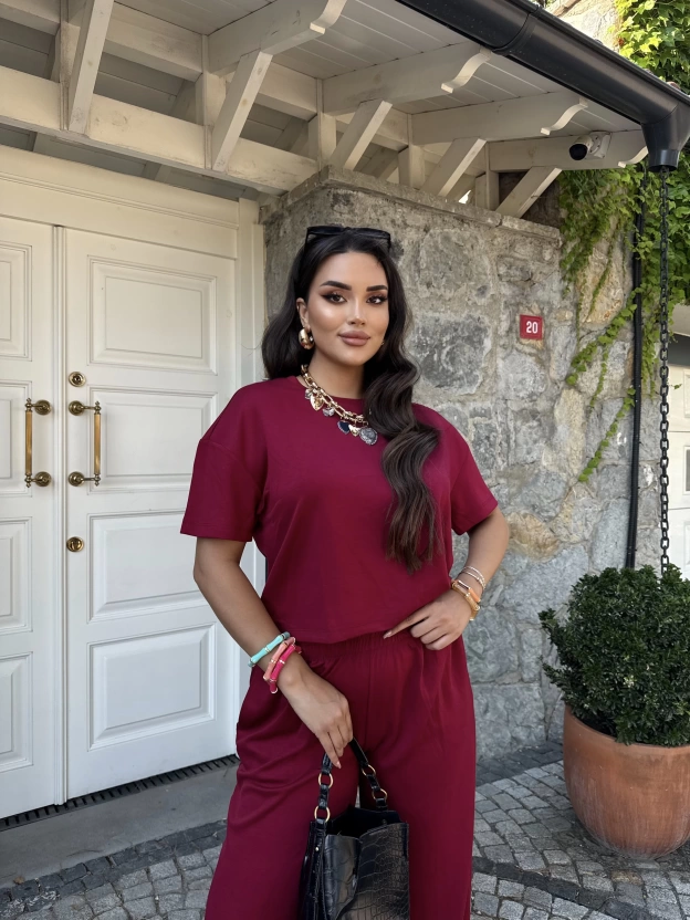 Bordo Bisiklet Yaka Oversize Takım