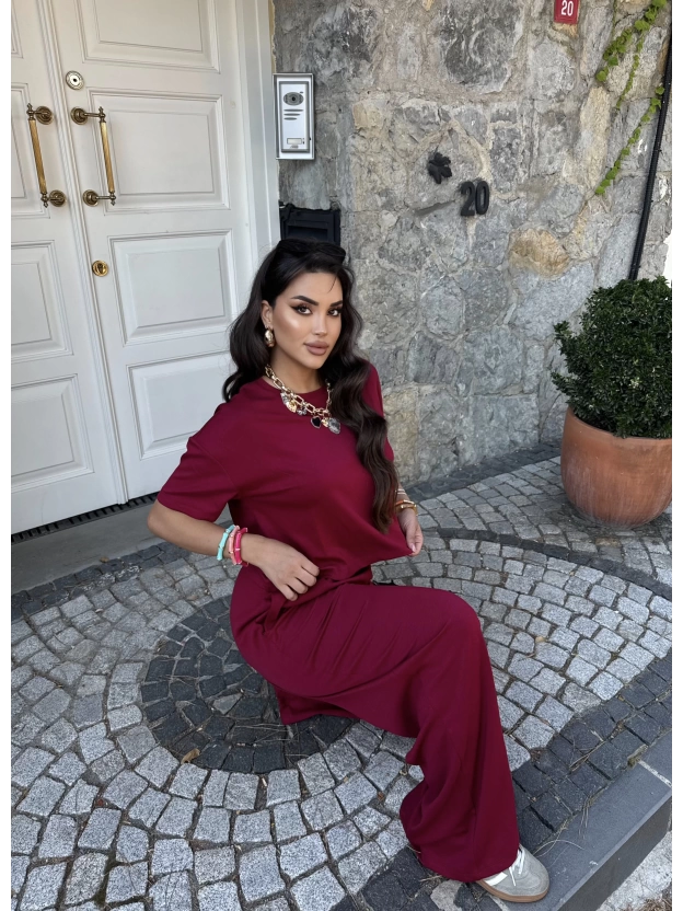 Bordo Bisiklet Yaka Oversize Takım
