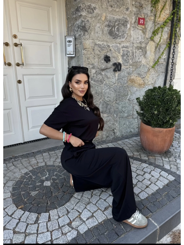 Siyah Bisiklet Yaka Oversize Takım