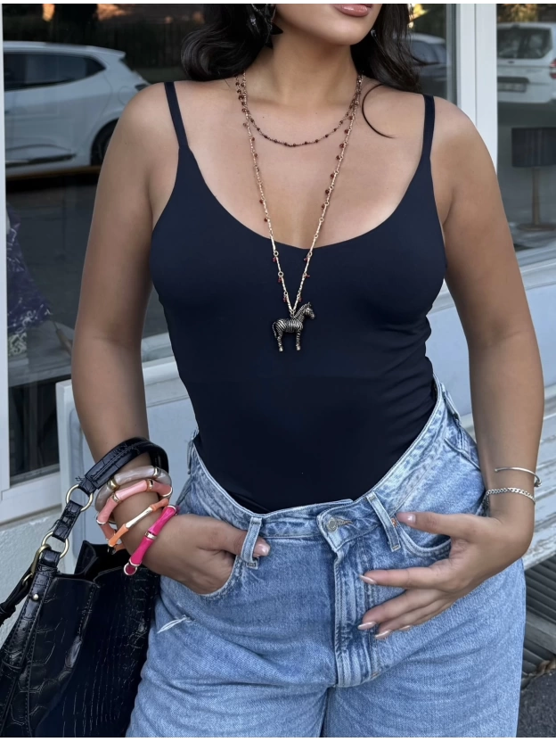 Siyah Çift Kat Askılı Bodysuit