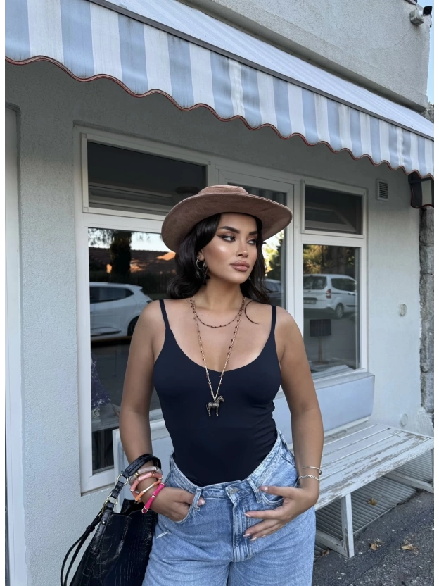 Siyah Çift Kat Askılı Bodysuit