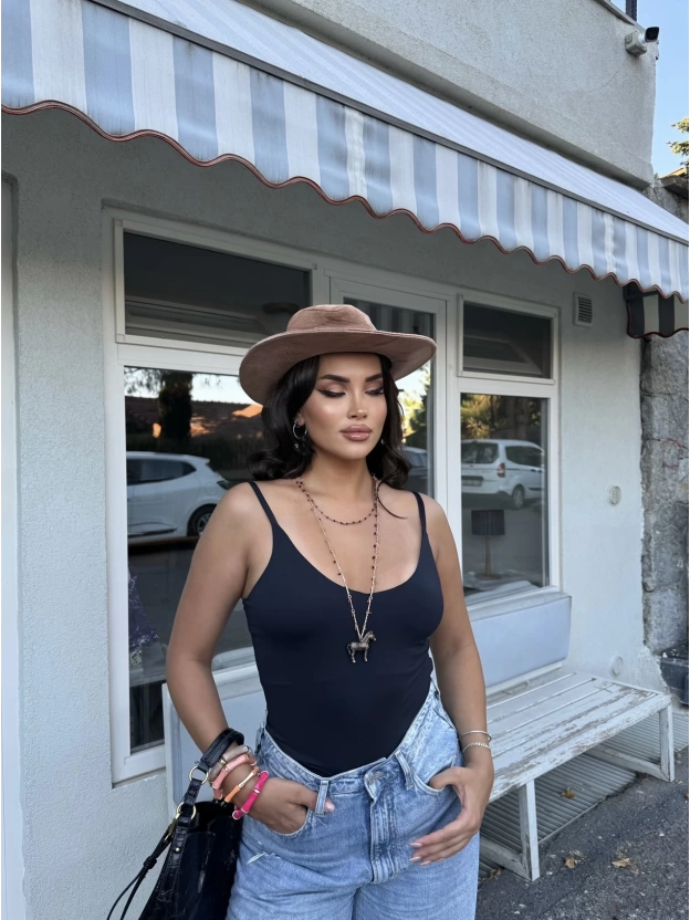 Siyah Çift Kat Askılı Bodysuit