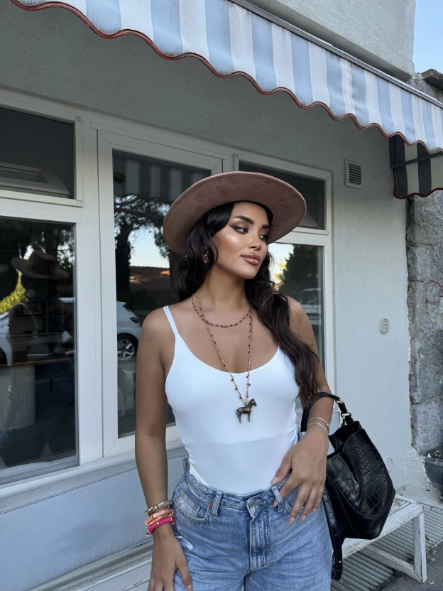 Beyaz Çift Kat Askılı Bodysuit