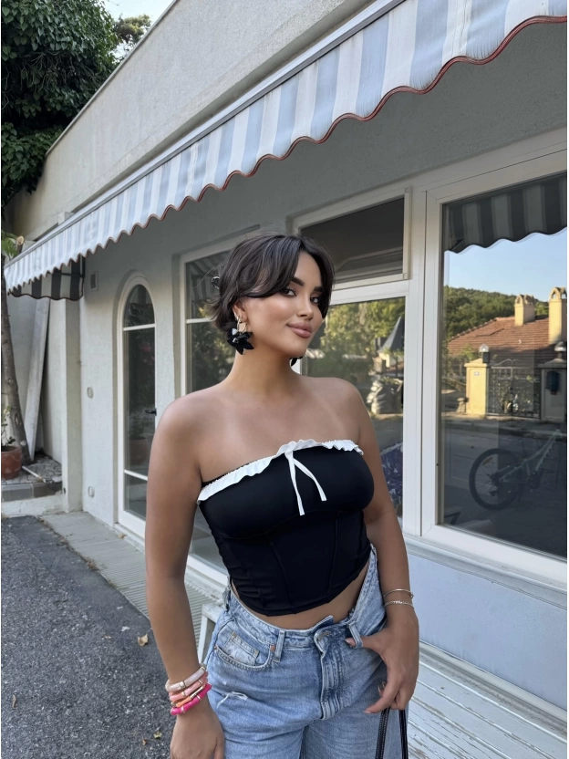 Siyah Straplez Brshk Crop