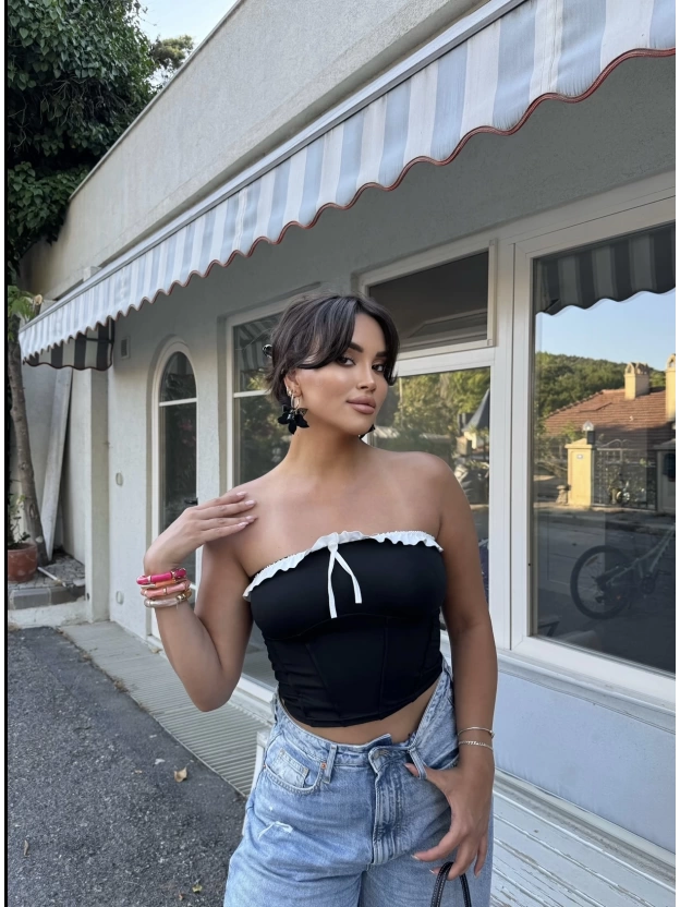 Siyah Straplez Brshk Crop