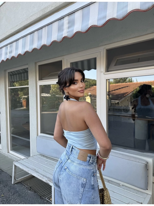 Mavi Boyundan Geçirmeli Crop
