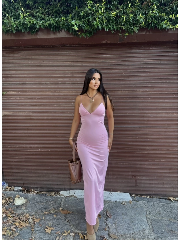 Pembe V Yaka Uzun Premium Elbise
