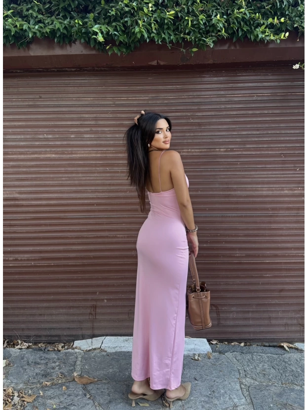 Pembe V Yaka Uzun Premium Elbise