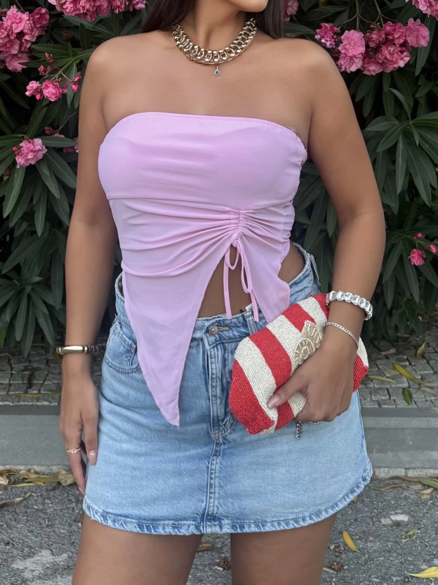 Pembe Straplez Büzgü Detay Crop