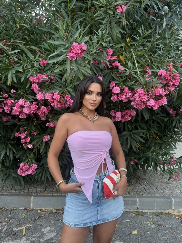 Pembe Straplez Büzgü Detay Crop