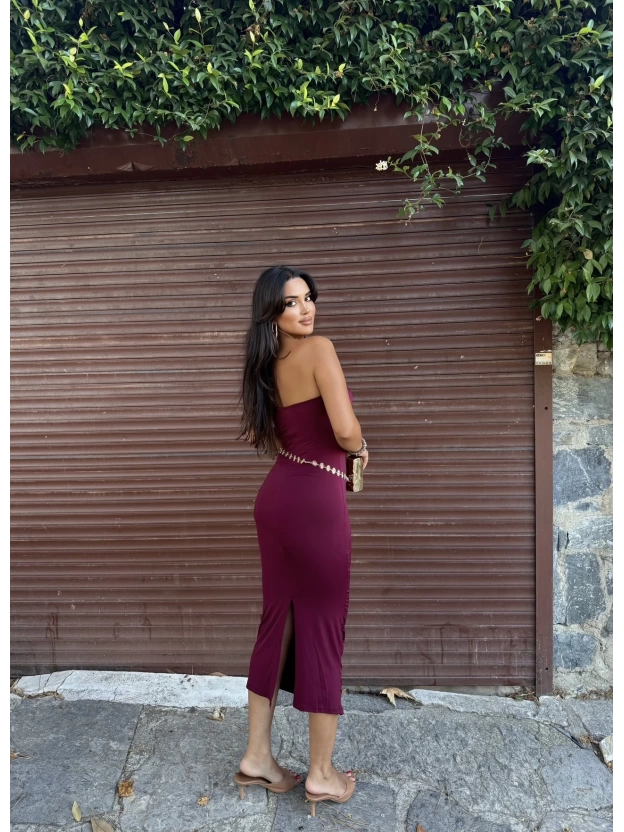 Bordo Drapeli Straplez Elbise