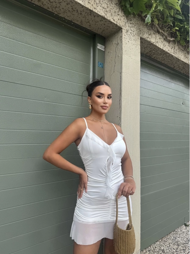 Beyaz Askılı Tül Detay Mini Elbise