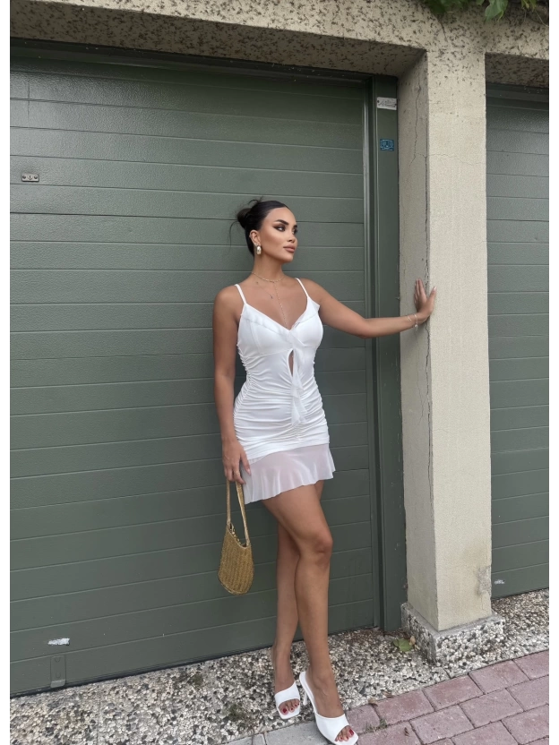 Beyaz Askılı Tül Detay Mini Elbise