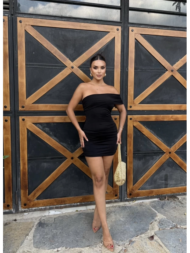 Siyah Tek Omuz Tasarım Mini Elbise