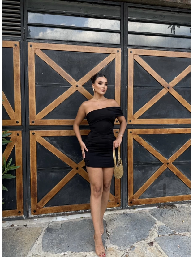 Siyah Tek Omuz Tasarım Mini Elbise
