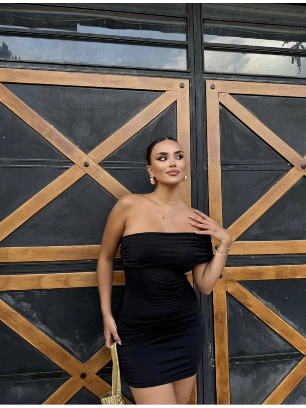 Siyah Tek Omuz Tasarım Mini Elbise