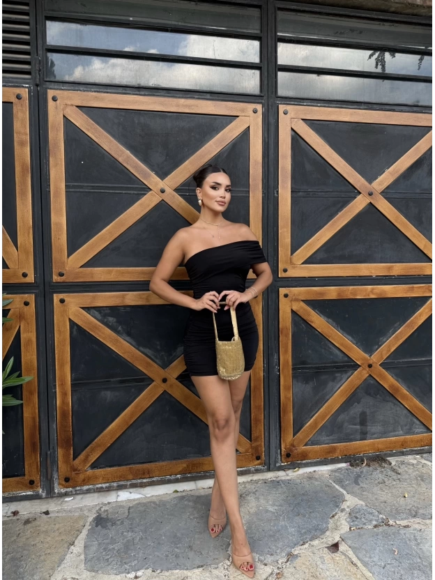 Siyah Tek Omuz Tasarım Mini Elbise