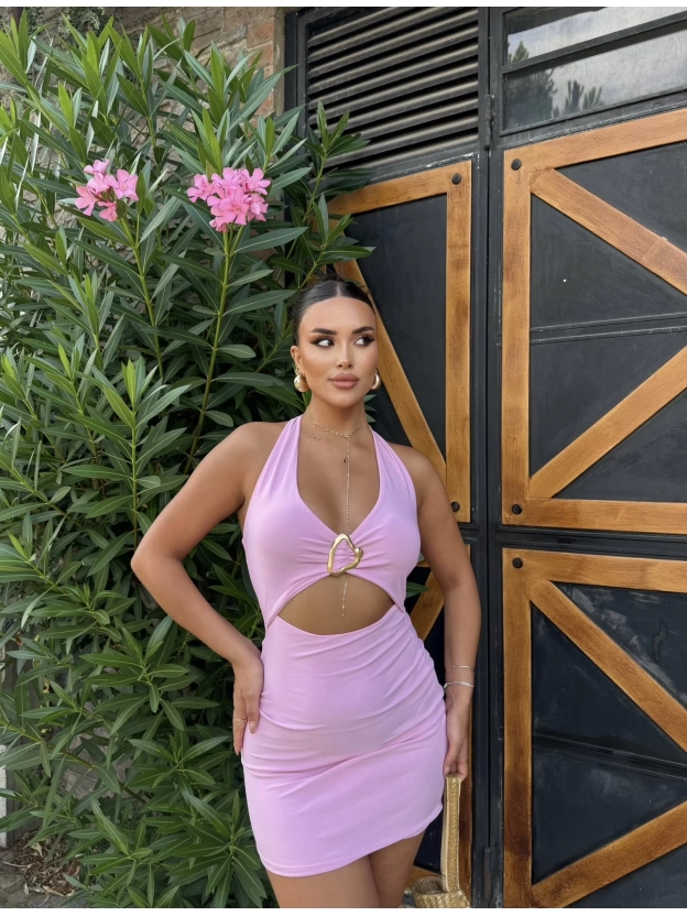 Pembe Boyundan Geçirmeli Tokalı Mini Elbise