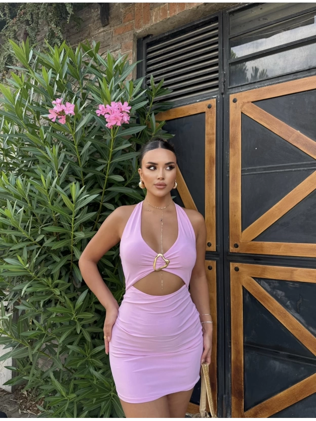 Pembe Boyundan Geçirmeli Tokalı Mini Elbise