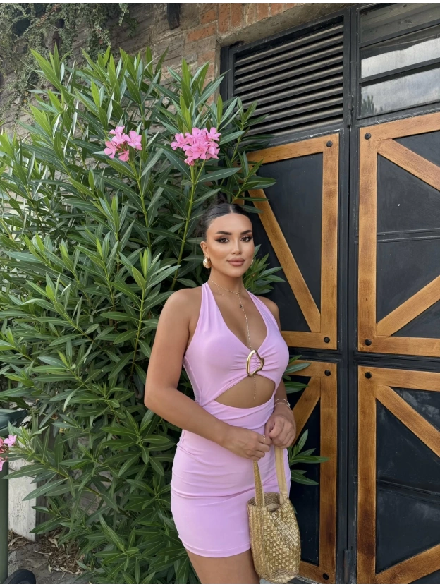 Pembe Boyundan Geçirmeli Tokalı Mini Elbise