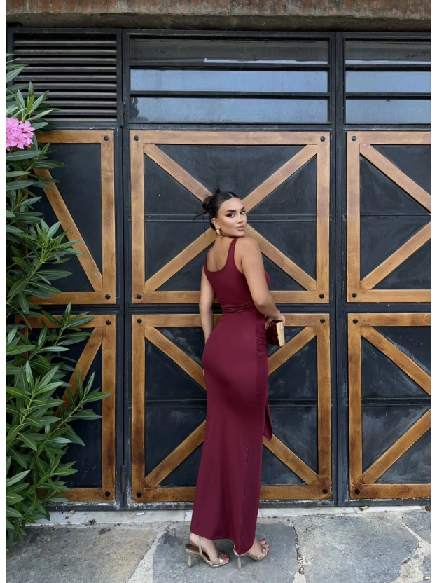 Bordo Kare Yaka Tasarım Uzun Elbise