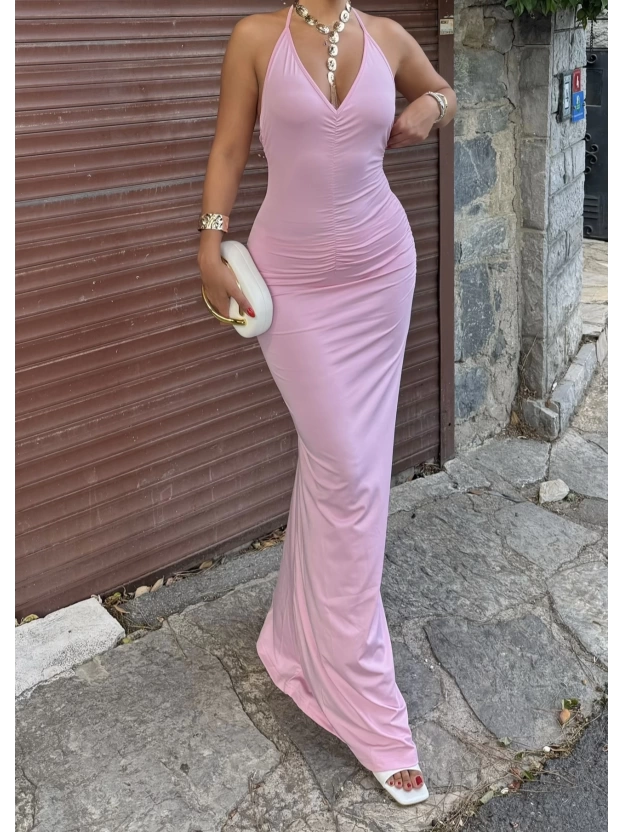 Pembe Boyundan Bağlamalı Göğüs Büzgü Elbise