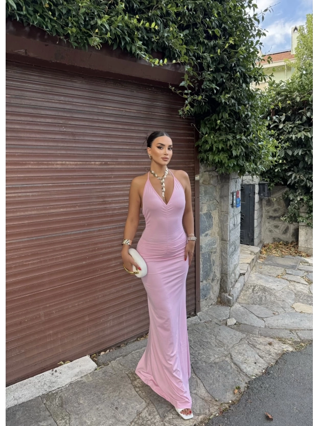 Pembe Boyundan Bağlamalı Göğüs Büzgü Elbise